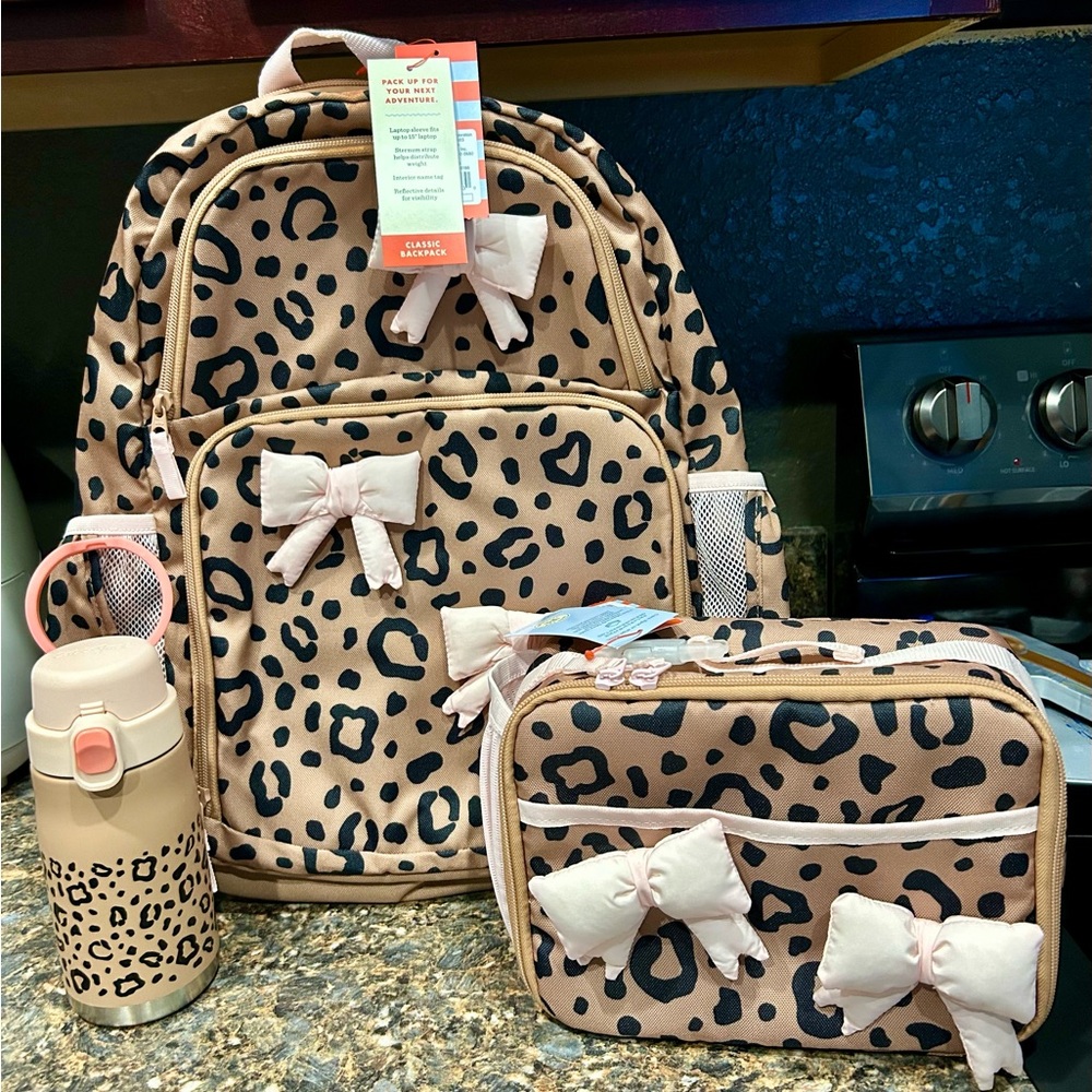 Cat & Jack Tan and Black Leopard Print & bow Backpack, lunchbox & cup nwt